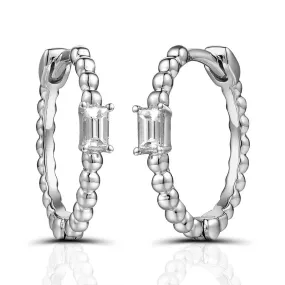 0.11ct tw Diamond Single Emerald Cut Beaded Gold Huggie Hoop Earrings