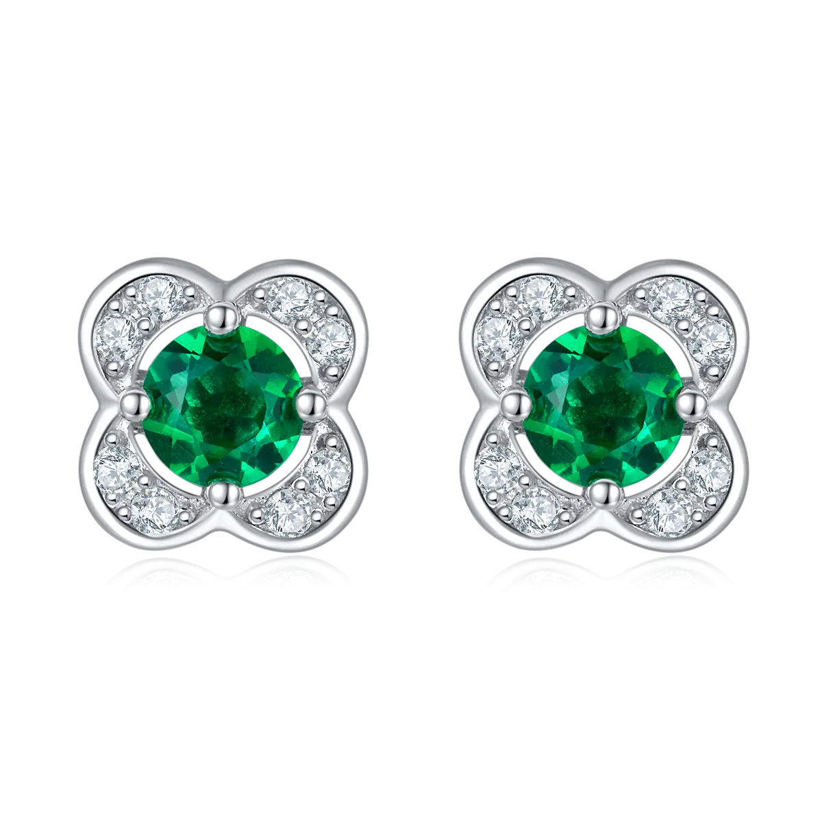 0.45 Carat Round Lab-Created Emerald Clover Stud Earrings in S925 Silver with Platinum Finish