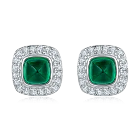 0.79 Carat Cushion Cut Lab Created Emerald Halo Stud Earrings in S925 Silver Plated Platinum