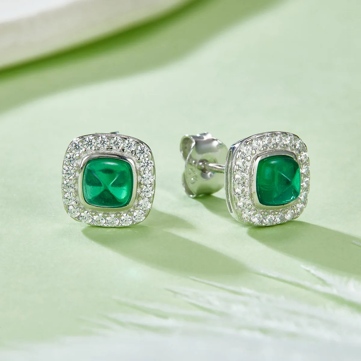 0.79 Carat Cushion Cut Lab Created Emerald Halo Stud Earrings in S925 Silver Plated Platinum