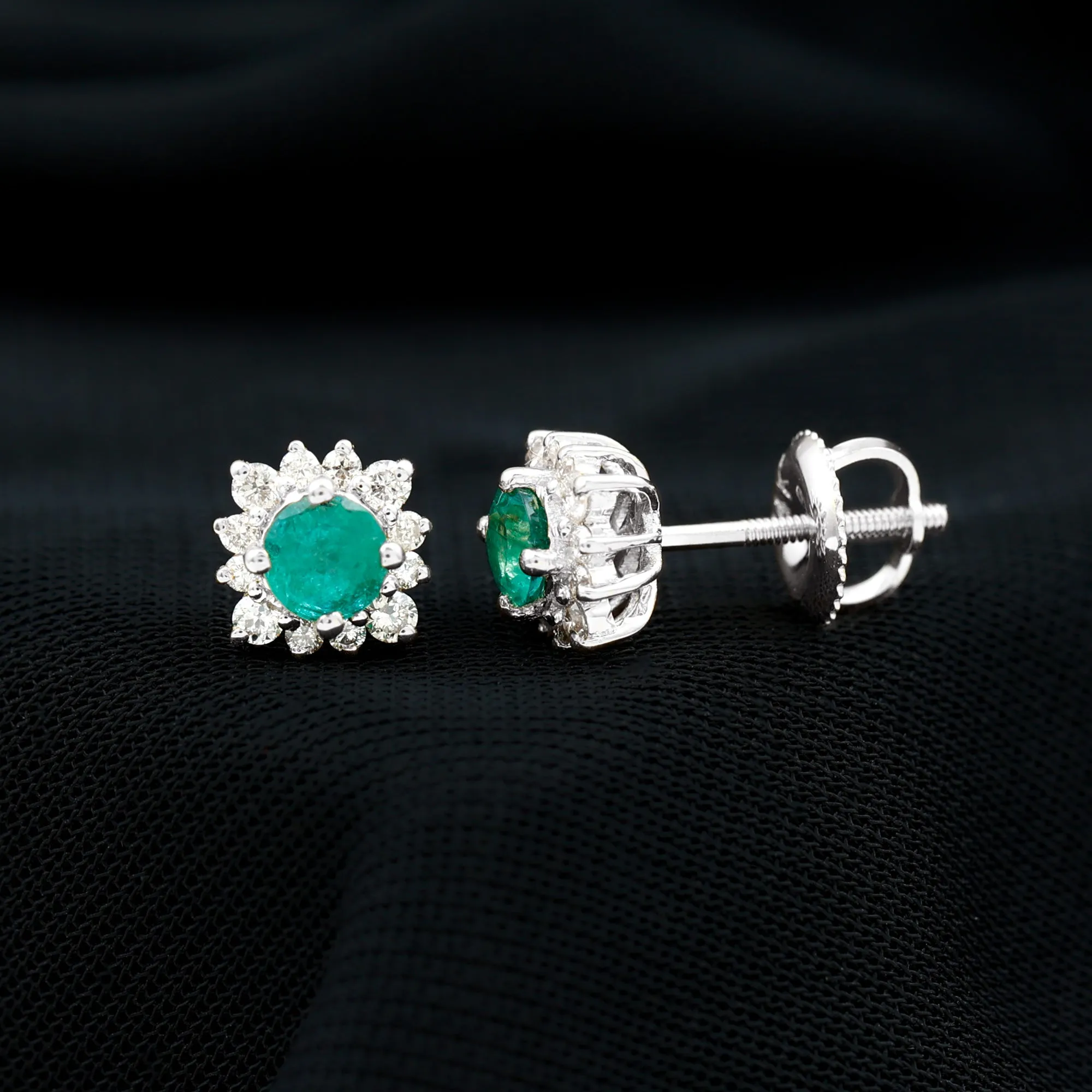 1 CT Emerald Classic Stud Earrings with Diamond Halo