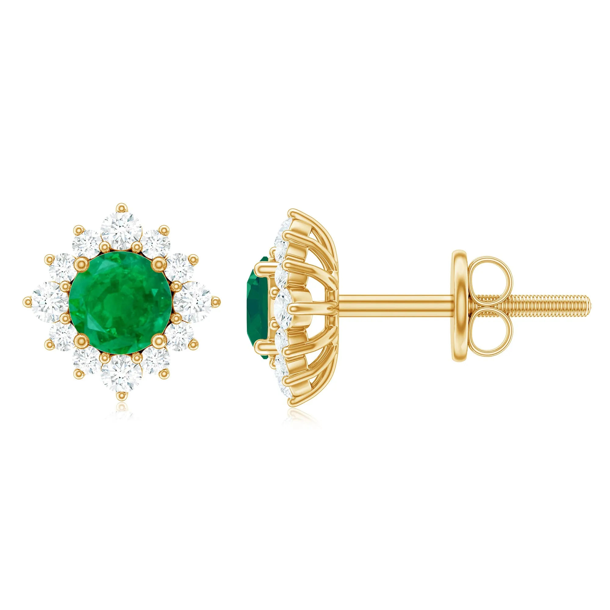 1 CT Emerald Classic Stud Earrings with Diamond Halo