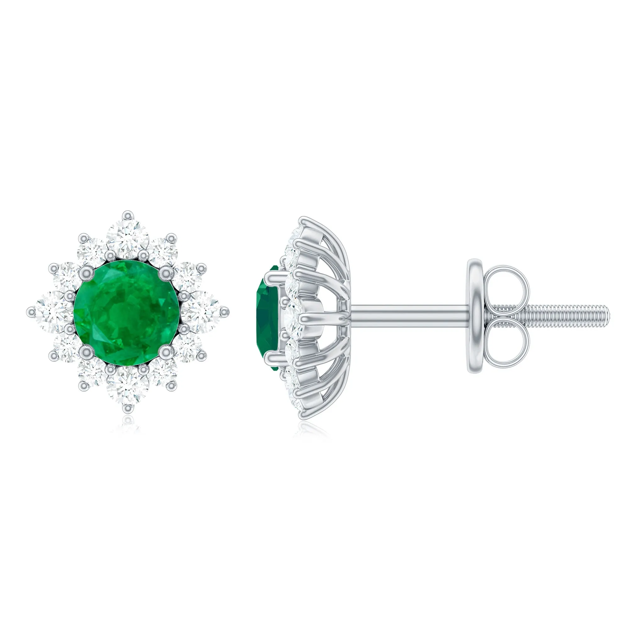 1 CT Emerald Classic Stud Earrings with Diamond Halo