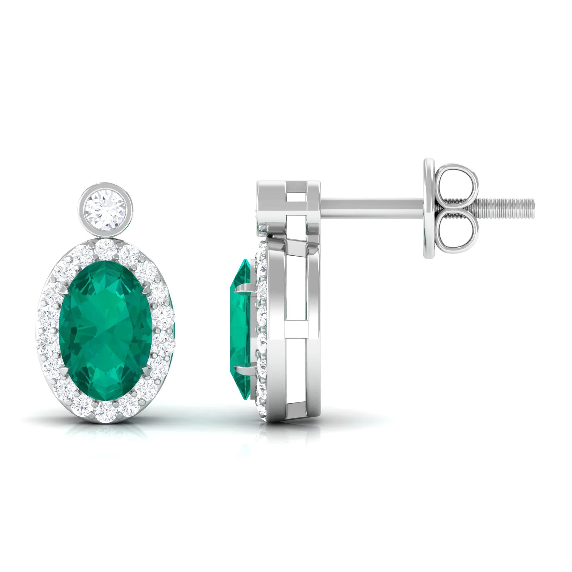 1 CT Oval Emerald and Diamond Halo Stud Earrings