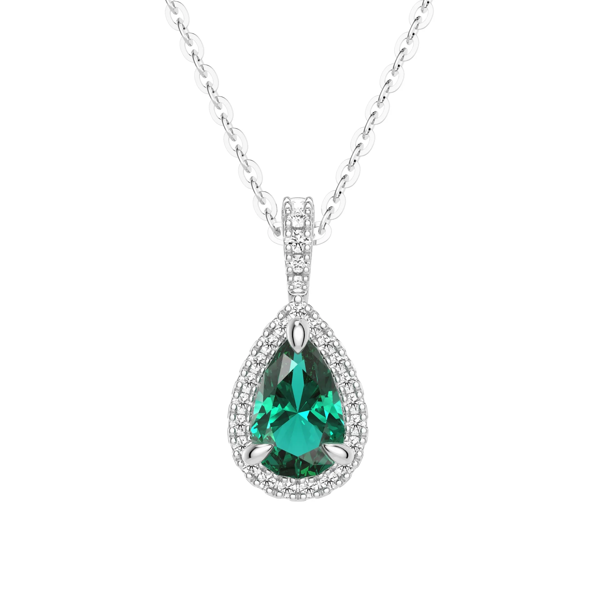 1 CT. Pear Shaped Emerald Pendant with Pavé Diamond Halo