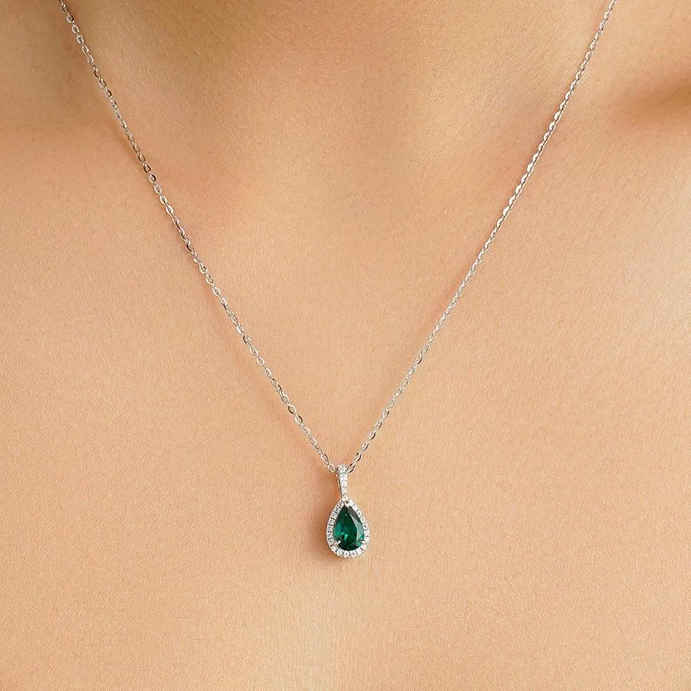 1 CT. Pear Shaped Emerald Pendant with Pavé Diamond Halo