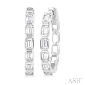 1.00 Ctw Bezel Set Emerald Cut Diamond Fashion Hoop Earring in 14K White Gold