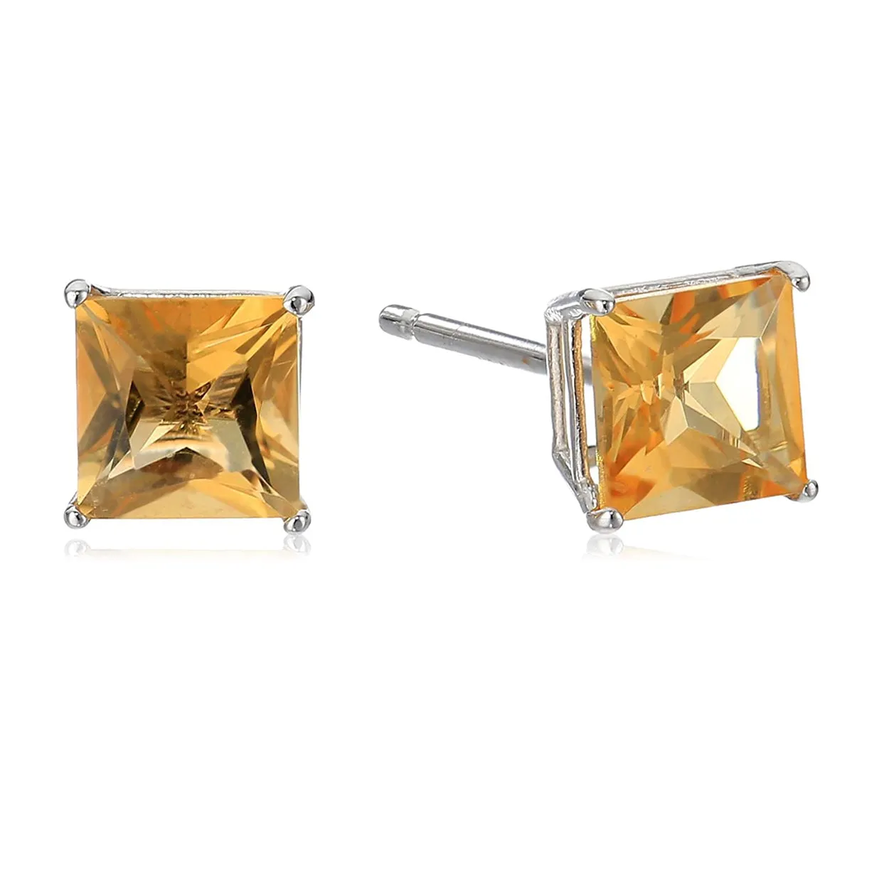 10k White Gold Plated 1 Carat Princess Cut Created Citrine Sapphire Stud Earrings