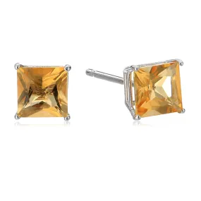 10k White Gold Plated 1 Carat Princess Cut Created Citrine Sapphire Stud Earrings