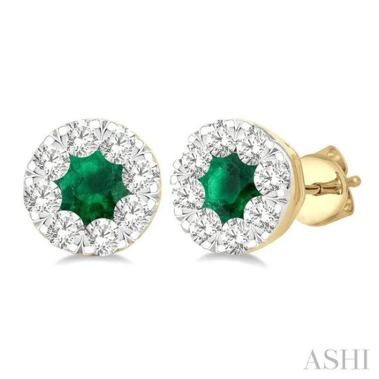 1/2 ctw Lovebright 3.3MM Emerald and Round Cut Diamond Precious Stud Earring in 14K Yellow & White Gold