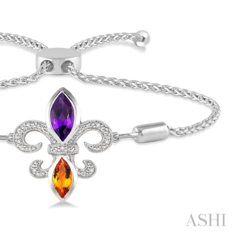 1/20 Ctw Marquise 10x5 MM Amethyst & 8x4 MM Citrine Round Diamond Fleur De Lis Sterling Silver Lariat Bracelet