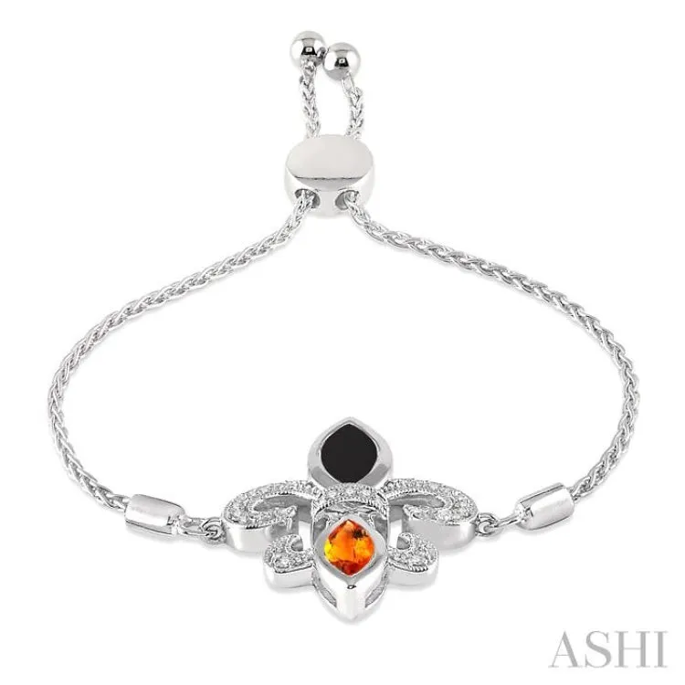 1/20 Ctw Marquise 10x5mm Onyx & 8x4mm Citrine Round Diamond Fleur De Lis Sterling Silver Lariat Bracelet