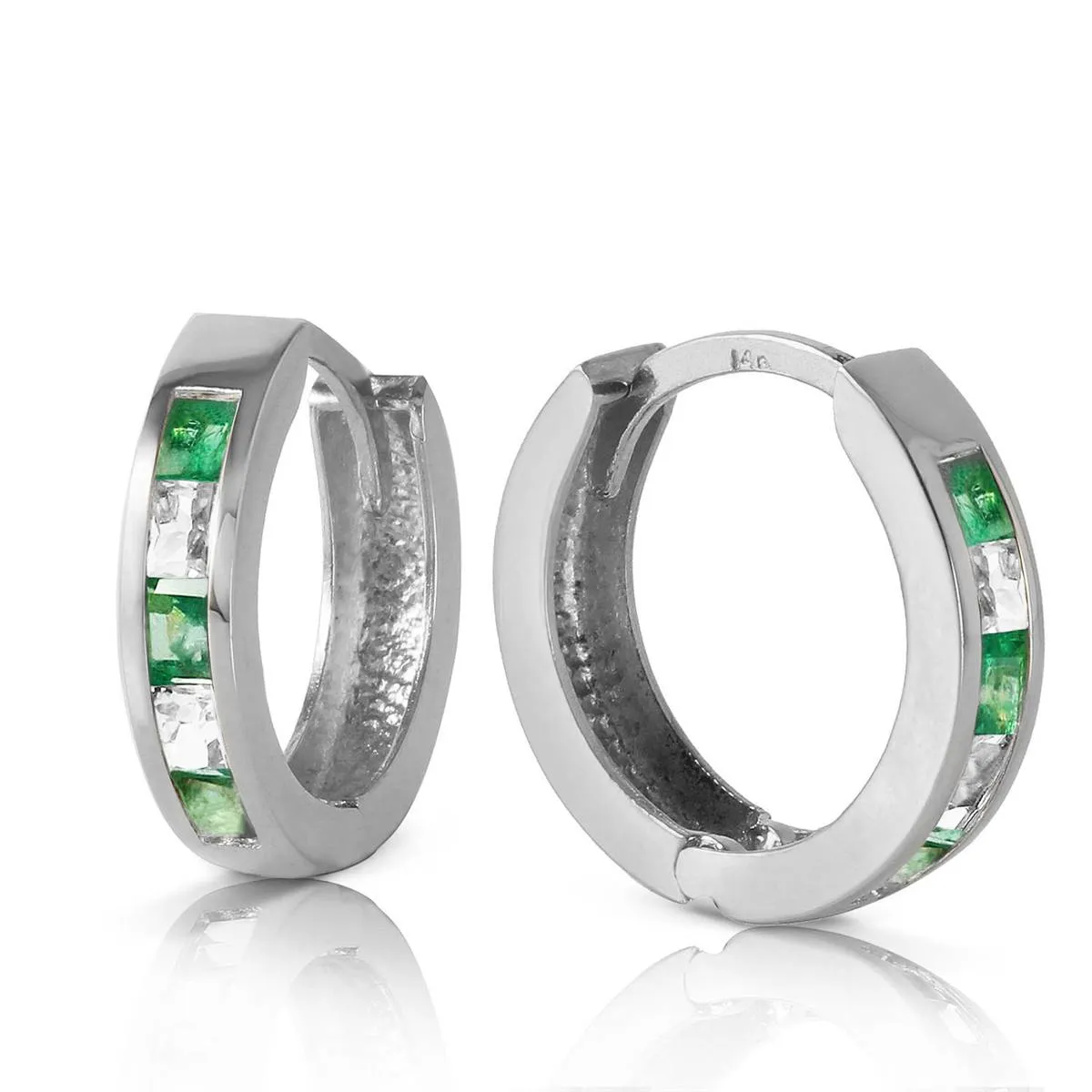 1.26 Carat 14K Solid White Gold Hoop Earrings Natural Emerald White Topaz