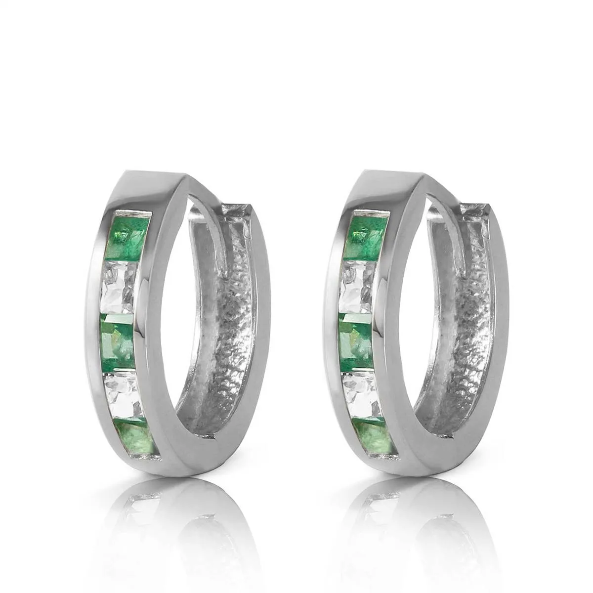 1.26 Carat 14K Solid White Gold Hoop Earrings Natural Emerald White Topaz