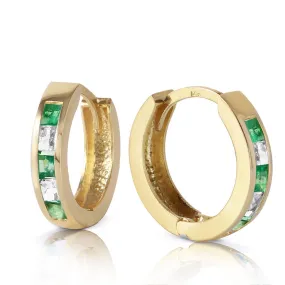 1.26 Carat 14K Solid Yellow Gold Hoop Earrings Natural Emerald White Topaz