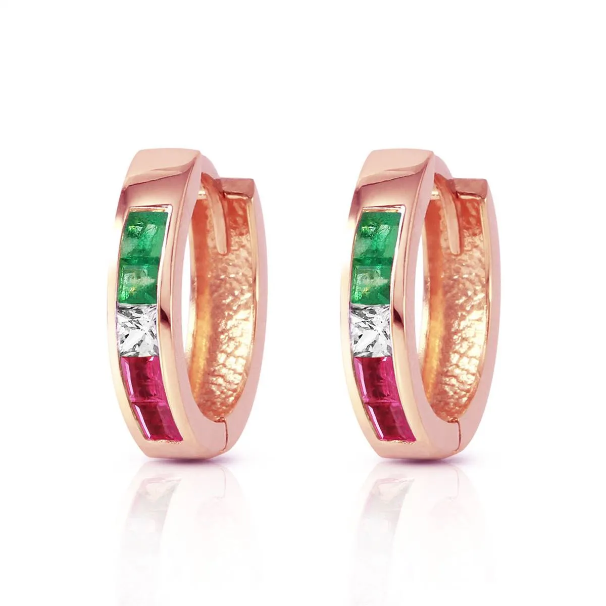 1.28 Carat 14K Solid Rose Gold Tri Gem Round Hoop Earrings