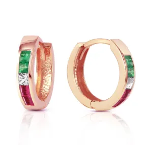 1.28 Carat 14K Solid Rose Gold Tri Gem Round Hoop Earrings