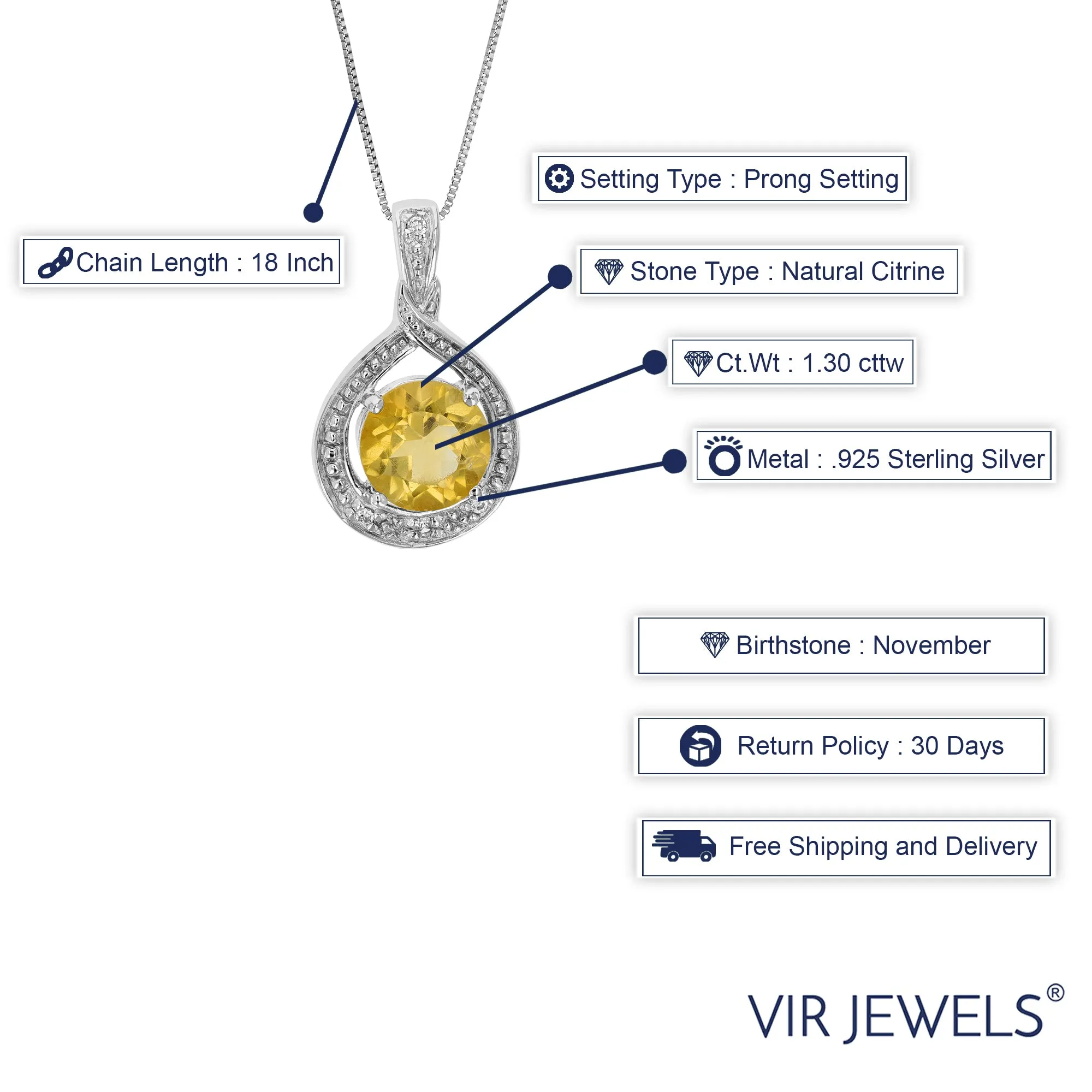 1.30 cttw Citrine Pendant Necklace .925 Sterling Silver With Rhodium 9 MM Round