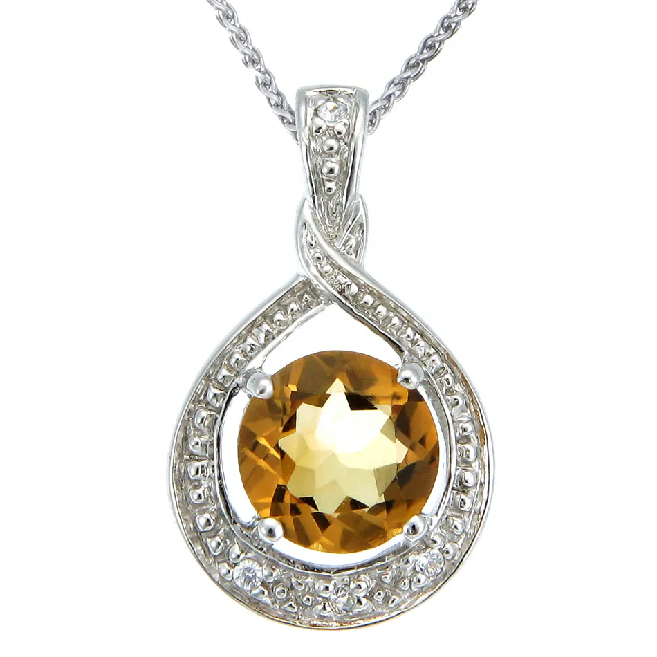 1.30 cttw Citrine Pendant Necklace .925 Sterling Silver With Rhodium 9 MM Round