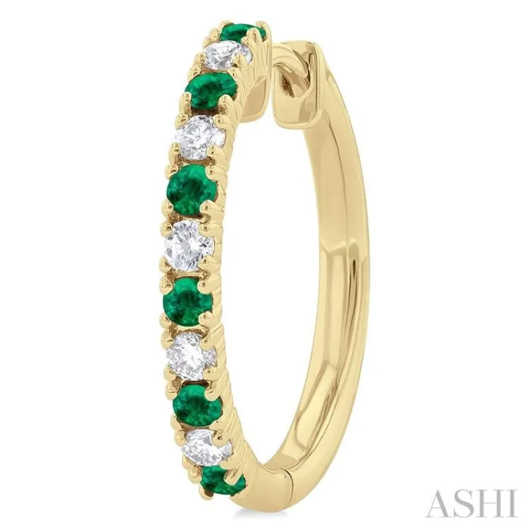 1/4 ctw Petite 1.80MM Emerald and Round Cut Diamond Precious Fashion Huggies in 10K Yellow Gold