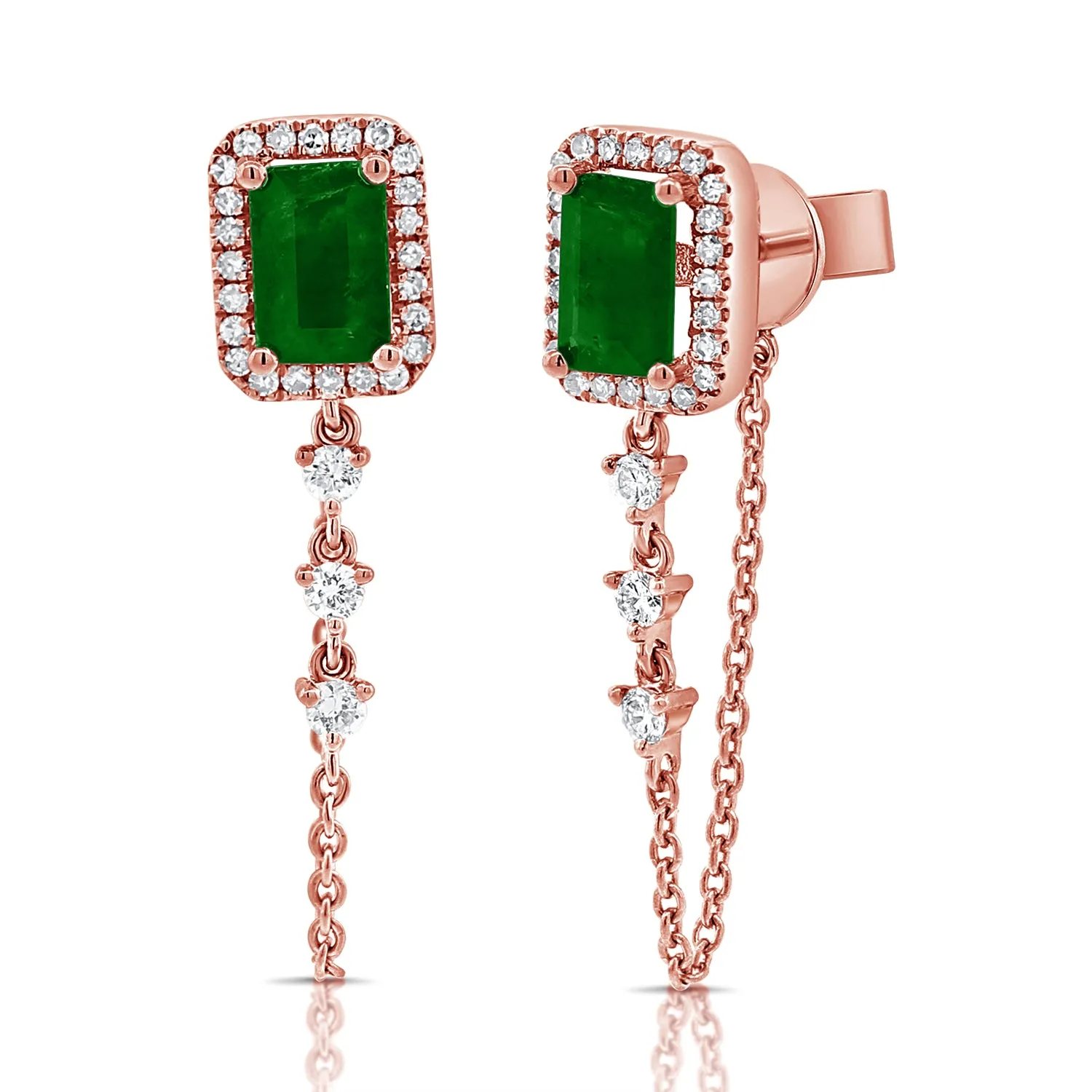 14K Gold Diamond & Emerald Dangle Chain Stud Earrings