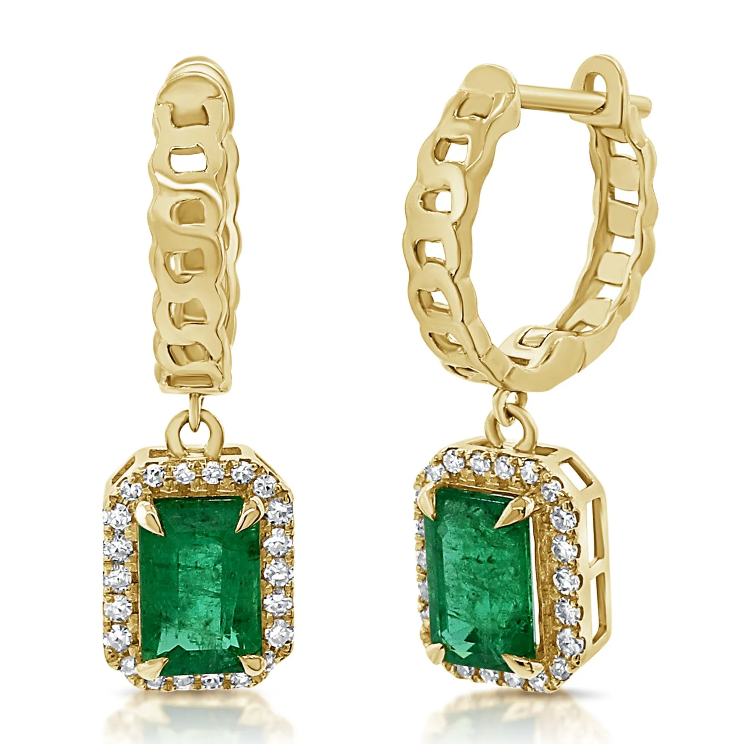 14K Gold Emerald & Diamond Dangle Link Huggie Earrings