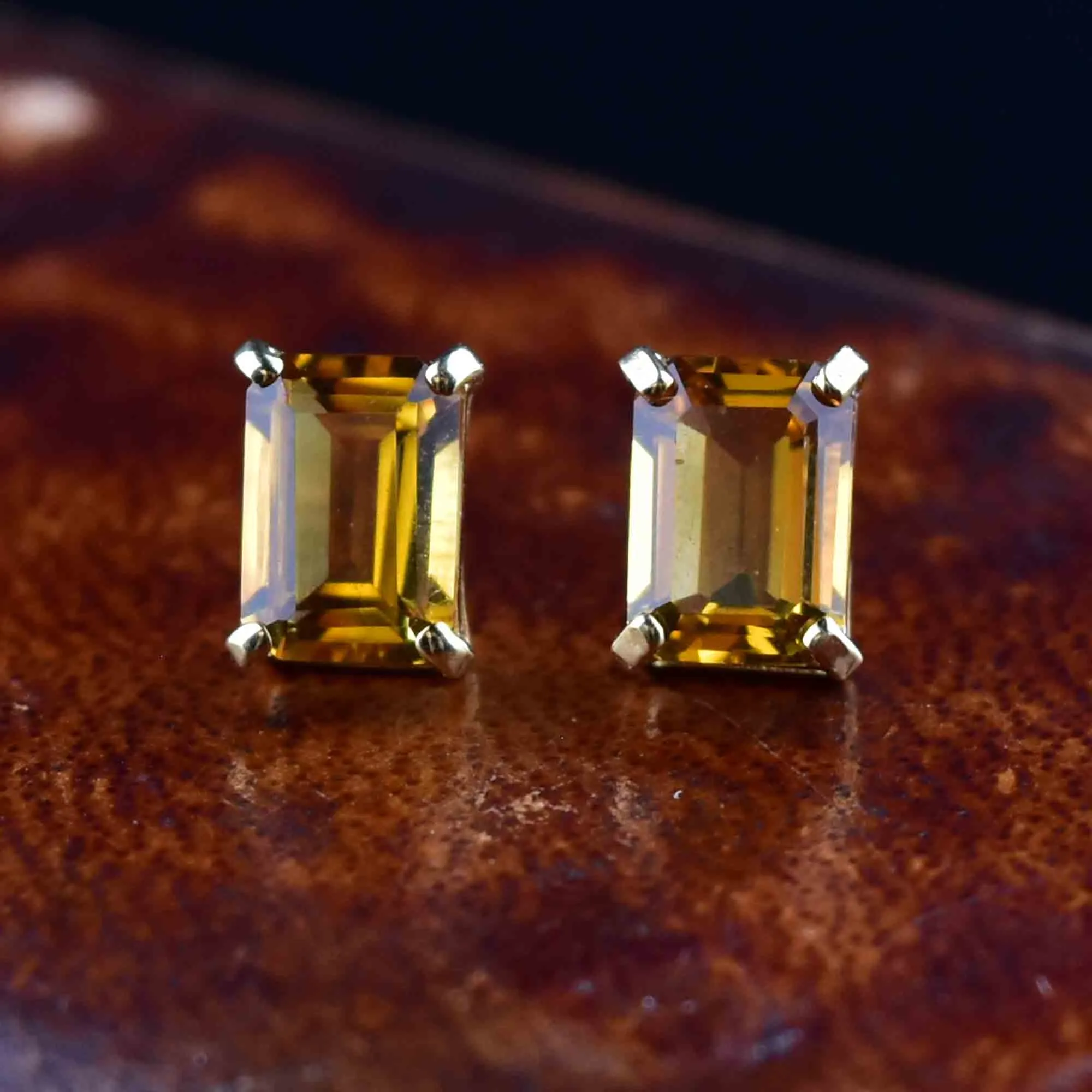 14K Gold Emerald Step Cut Citrine Stud Earrings