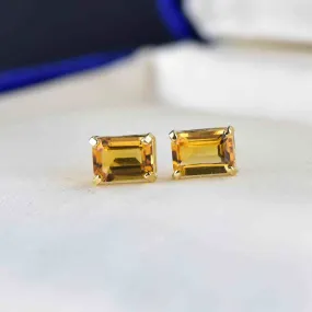 14K Gold Emerald Step Cut Citrine Stud Earrings