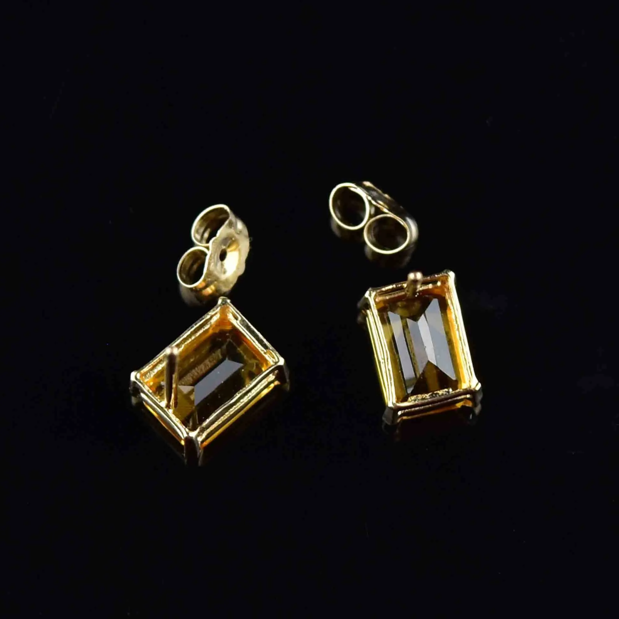 14K Gold Emerald Step Cut Citrine Stud Earrings