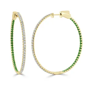 14K Gold Half Diamond & Half Emerald Hoop Earrings