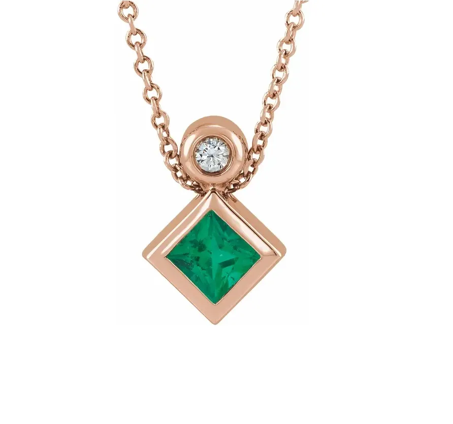 14K Gold Princess-cut Natural Emerald and Diamond Necklace