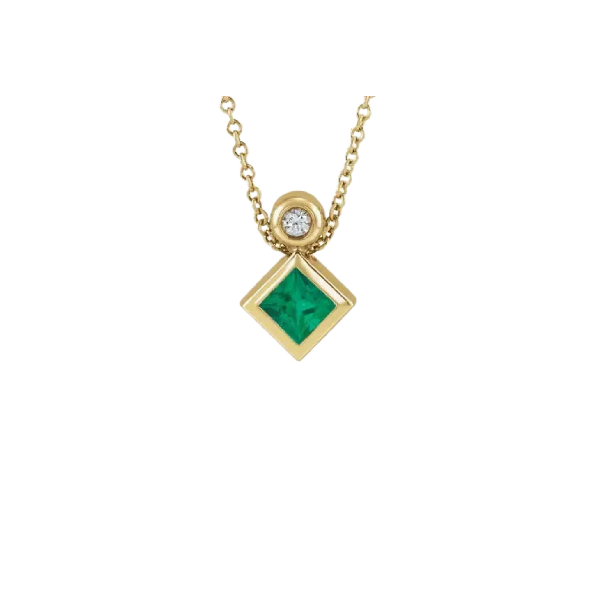 14K Gold Princess-cut Natural Emerald and Diamond Necklace