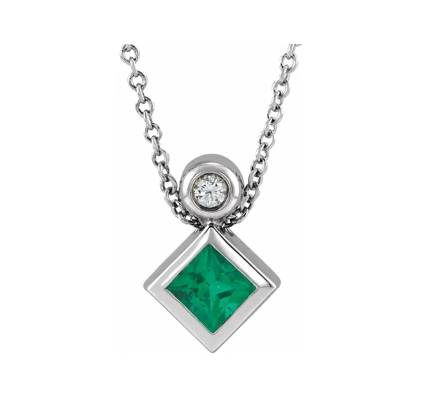 14K Gold Princess-cut Natural Emerald and Diamond Necklace