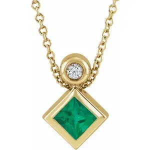 14K Gold Princess-cut Natural Emerald and Diamond Necklace