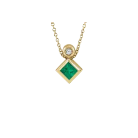 14K Gold Princess-cut Natural Emerald and Diamond Necklace