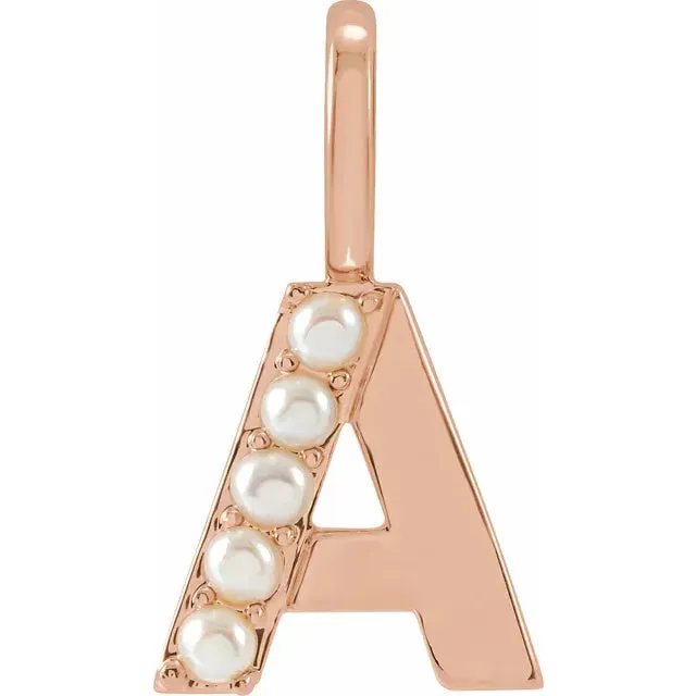 14K Rose Gold Cultured White Pearl Initial A Charm/Pendant