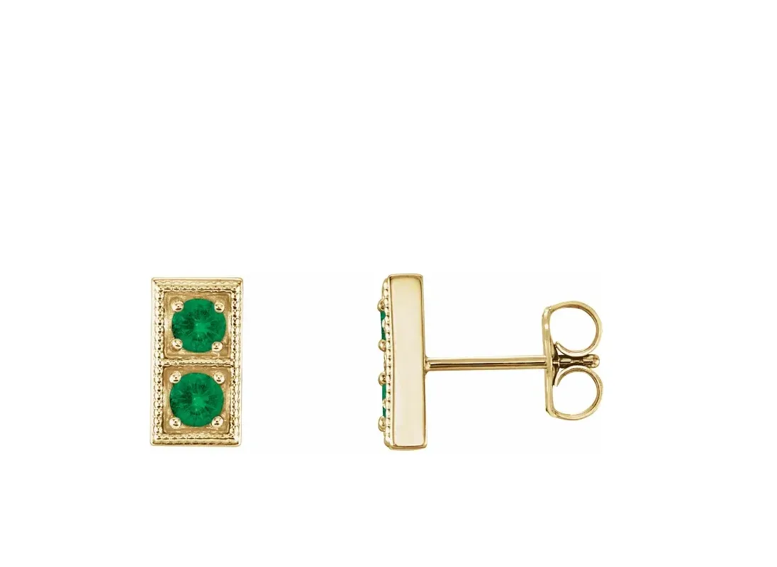 14K Rose Natural Emerald Two-Stone Earrings