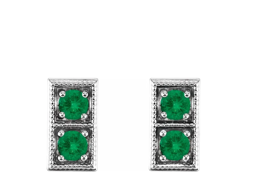 14K Rose Natural Emerald Two-Stone Earrings