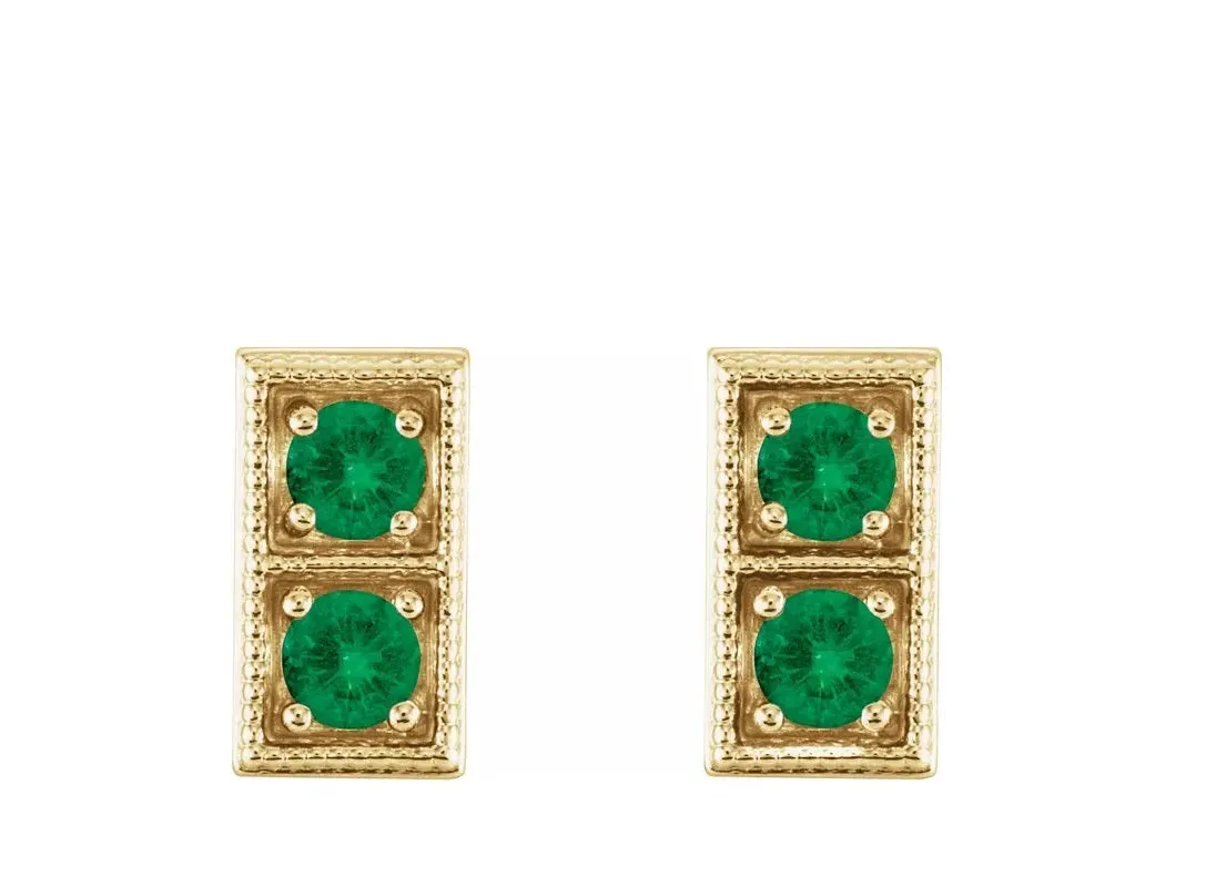 14K Rose Natural Emerald Two-Stone Earrings