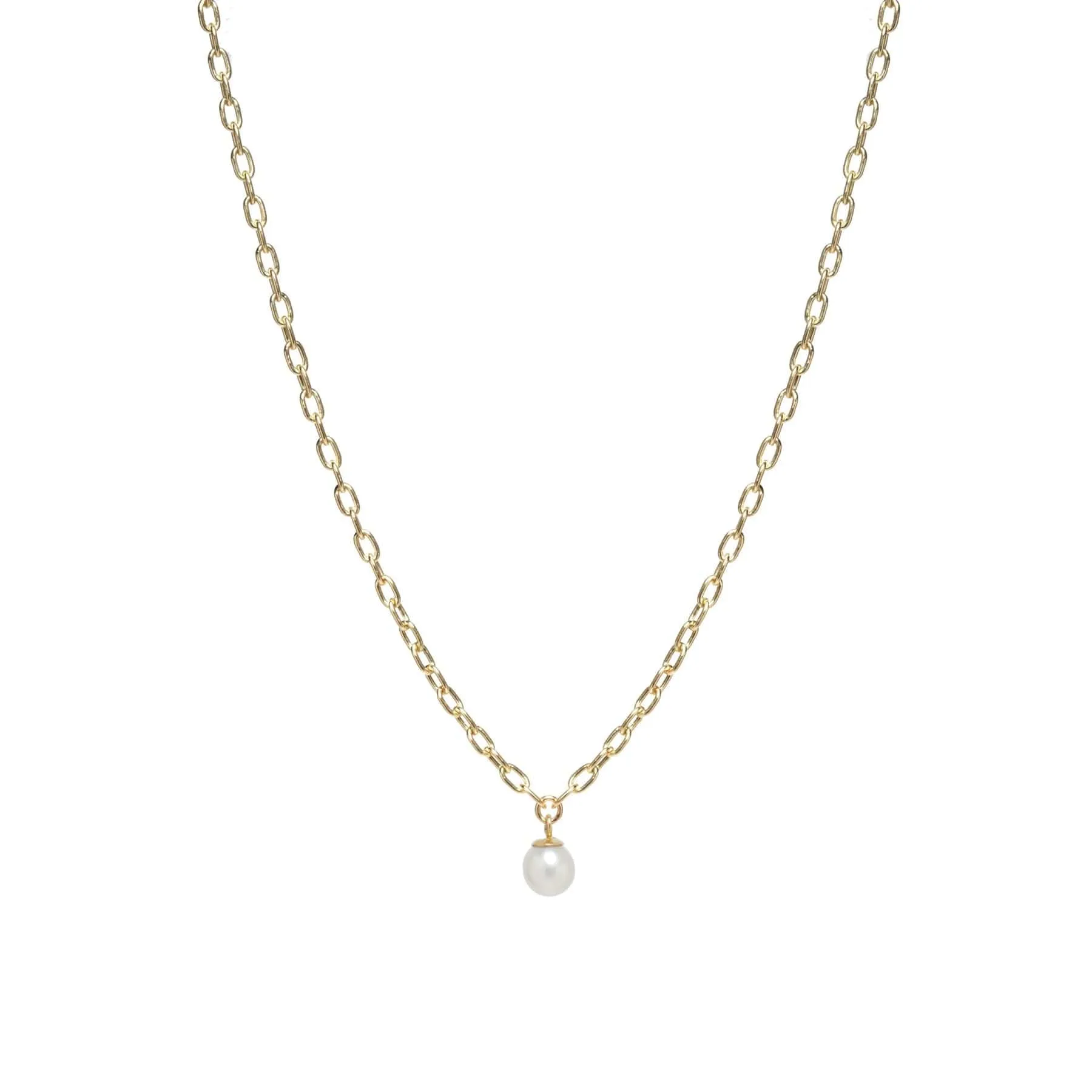 14k Small Square Oval Link Dangling Pearl Necklace