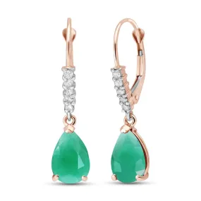 14K Solid Rose Gold Leverback Earrings Natural Diamond & Emerald Gemstone