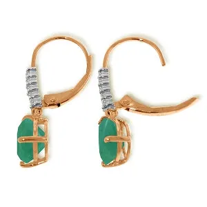 14K Solid Rose Gold Leverback Earrings Natural Diamond & Emerald Gemstone