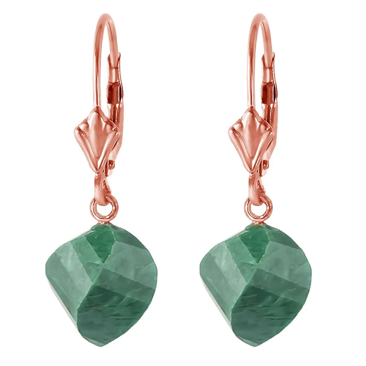 14K Solid Rose Gold Leverback Earrings Twisted Briolette Emeralds