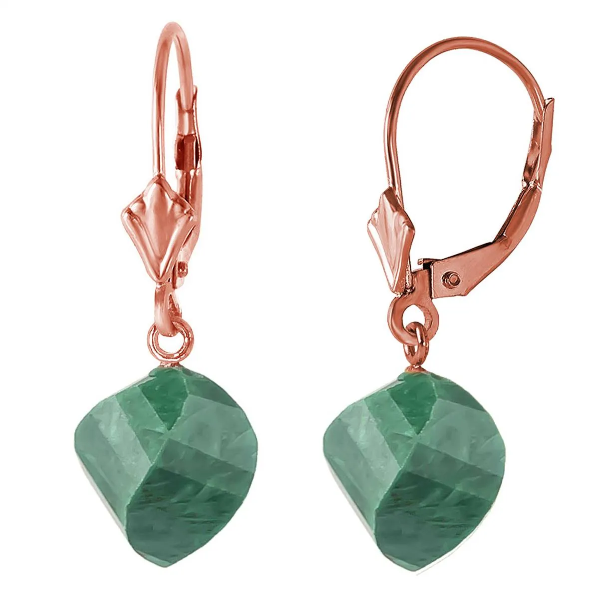 14K Solid Rose Gold Leverback Earrings Twisted Briolette Emeralds