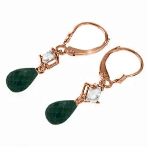 14K Solid Rose Gold Leverback Earrings w/ Rose Topaz & Emeralds