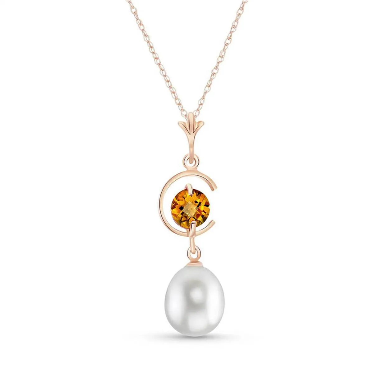 14K Solid Rose Gold Natural Pearl & Citrine Necklace