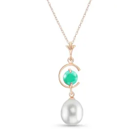 14K Solid Rose Gold Necklace w/ Natural Pearl & Emerald