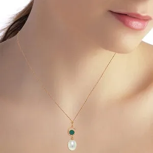 14K Solid Rose Gold Necklace w/ Natural Pearl & Emerald