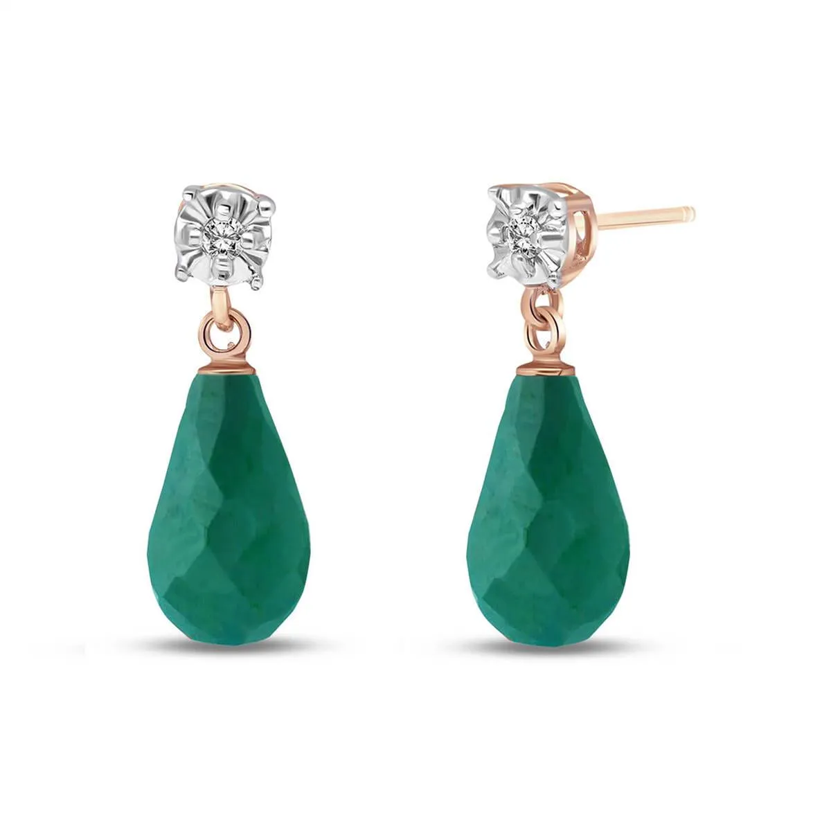 14K Solid Rose Gold Stud Earrings w/ Diamonds & Emeralds