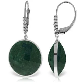 14K Solid White Gold Diamonds Leverback Earrings w/ Round Emerald Color Corundum